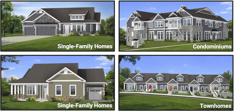 Renderings of single-family homes, condominiums and townhomes